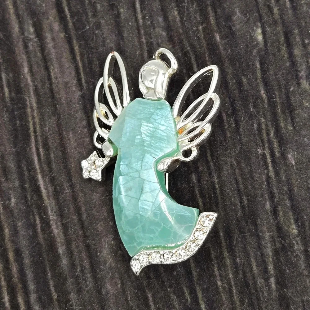 Liz Claiborne LC Vintage Angel Brooch Silver Tone Green Crackle Glass Rhinestone